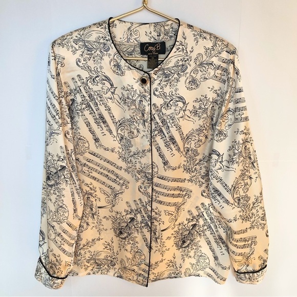 Vintage Tops - VINTAGE blush black pure silk,cherubs angel musical print long sleeve blouse 12